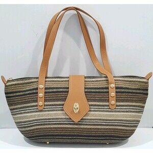 ERIC JAVITS SQUISHEE Woven Straw Multicolor Brown Tan MEDIUM SHOULDER BAG XLNT